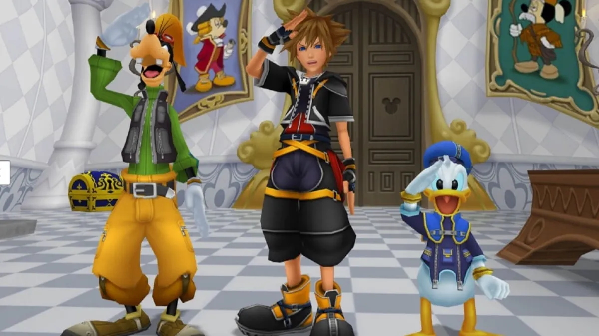 Sora, Donald Duck, and Goofy salute in a castle in &ldquo;Kingdom Hearts 2&rdquo; 