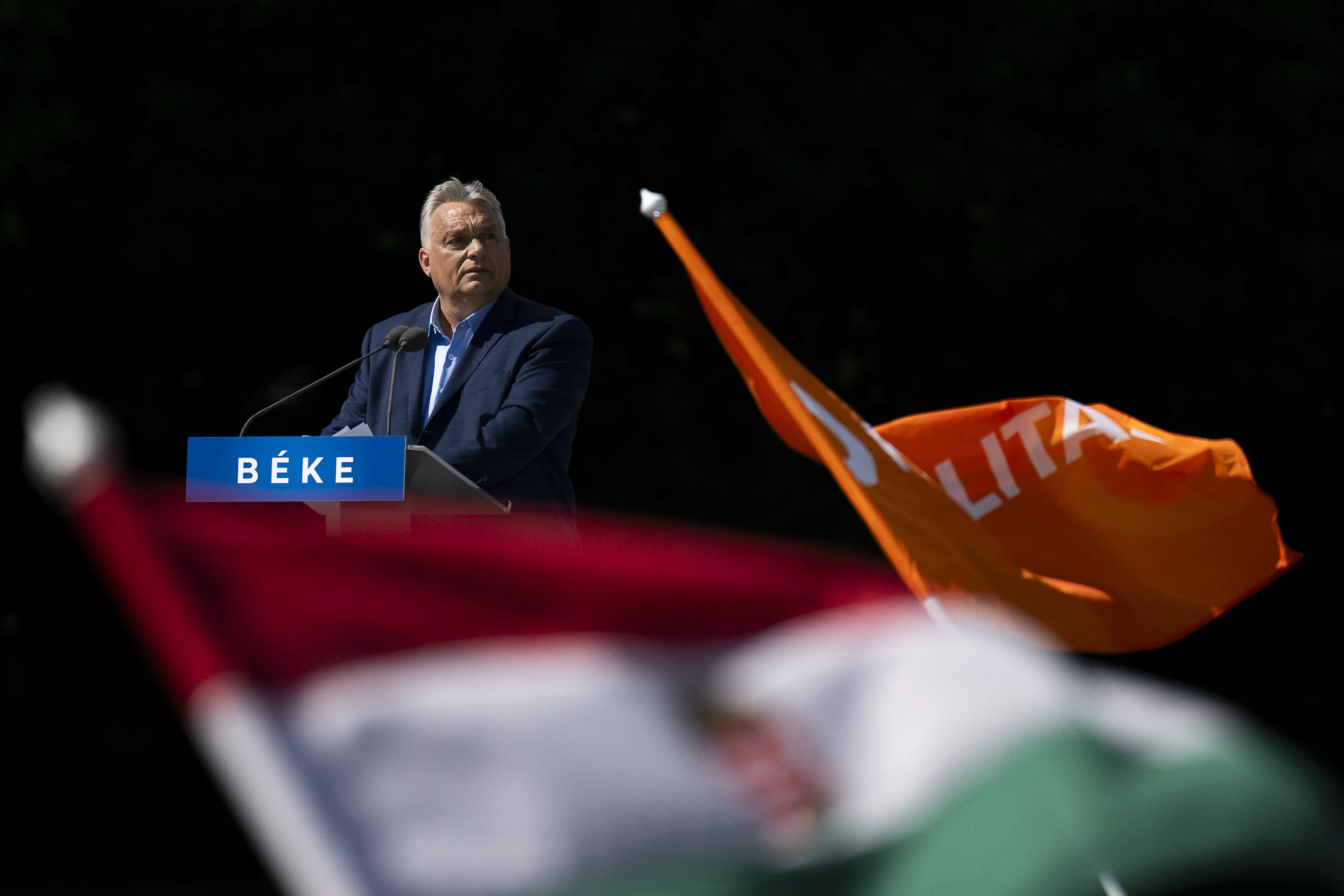 FILE - Hungary&rsquo;s Prime Minister Viktor Orbán addresses people as they gather to support him and his party during a &ldquo;peace march&rdquo; in Budapest, Hungary, Saturday, June 1, 2024. As former U.S. President Donald Trump attacked the U.S. criminal justice system following his guilty verdict, analysts say that his allegations could be useful to Russian President Vladimir Putin and other autocrats like Orbán. (AP Photo/Denes Erdos, File)