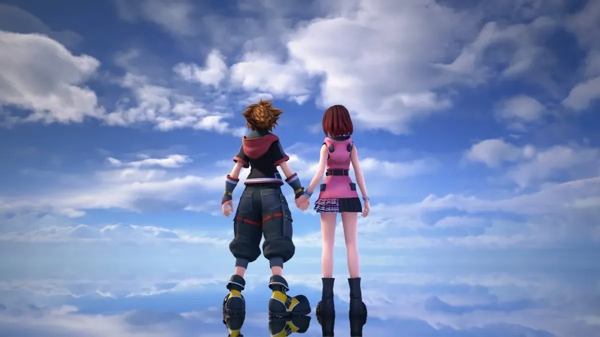 Sora and Kairi hold hands in a world where the ground reflects the open sky in &ldquo;Kingdom Hearts 3&rdquo; 