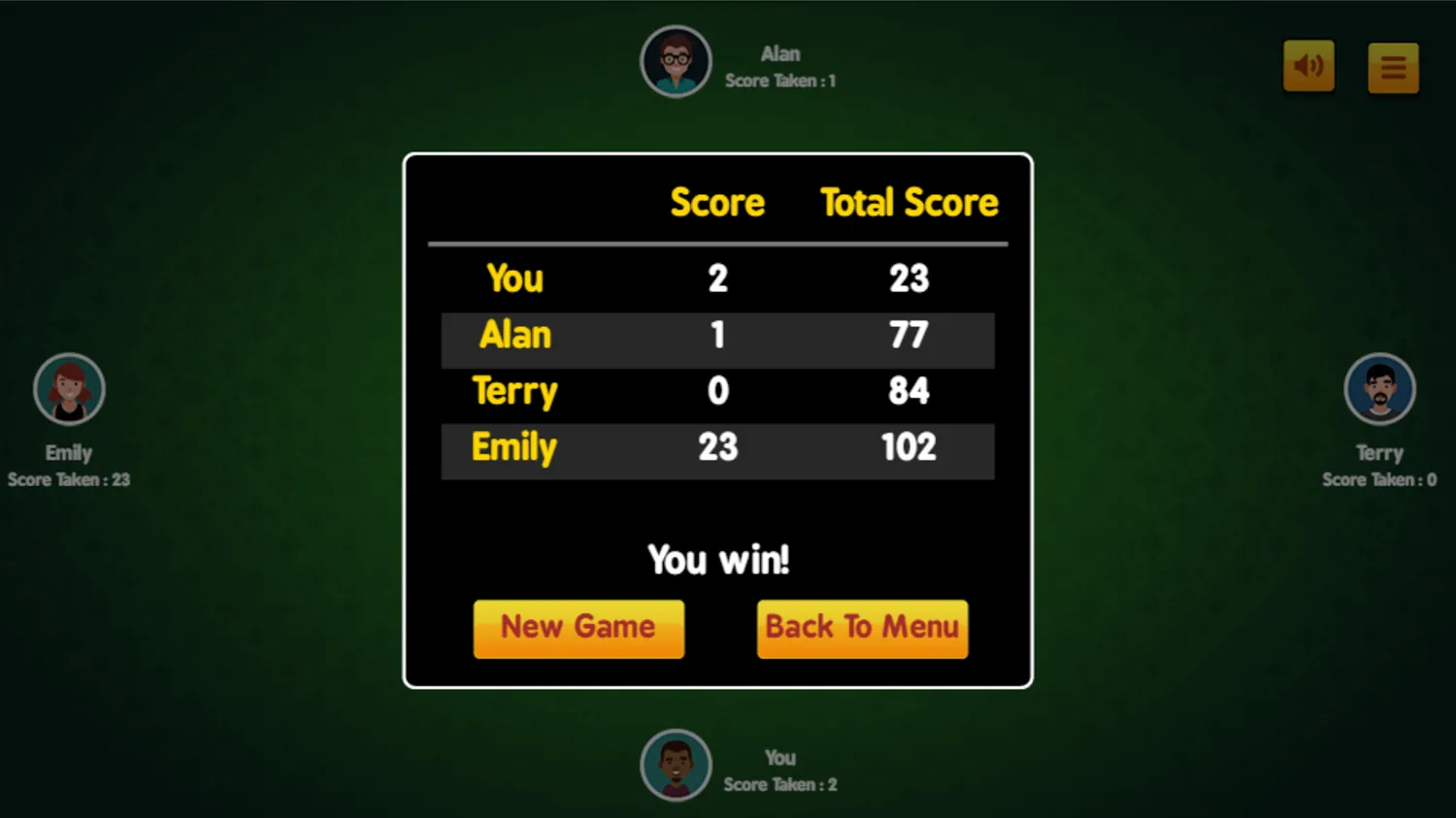 Hearts Card Game Won Screenshot.