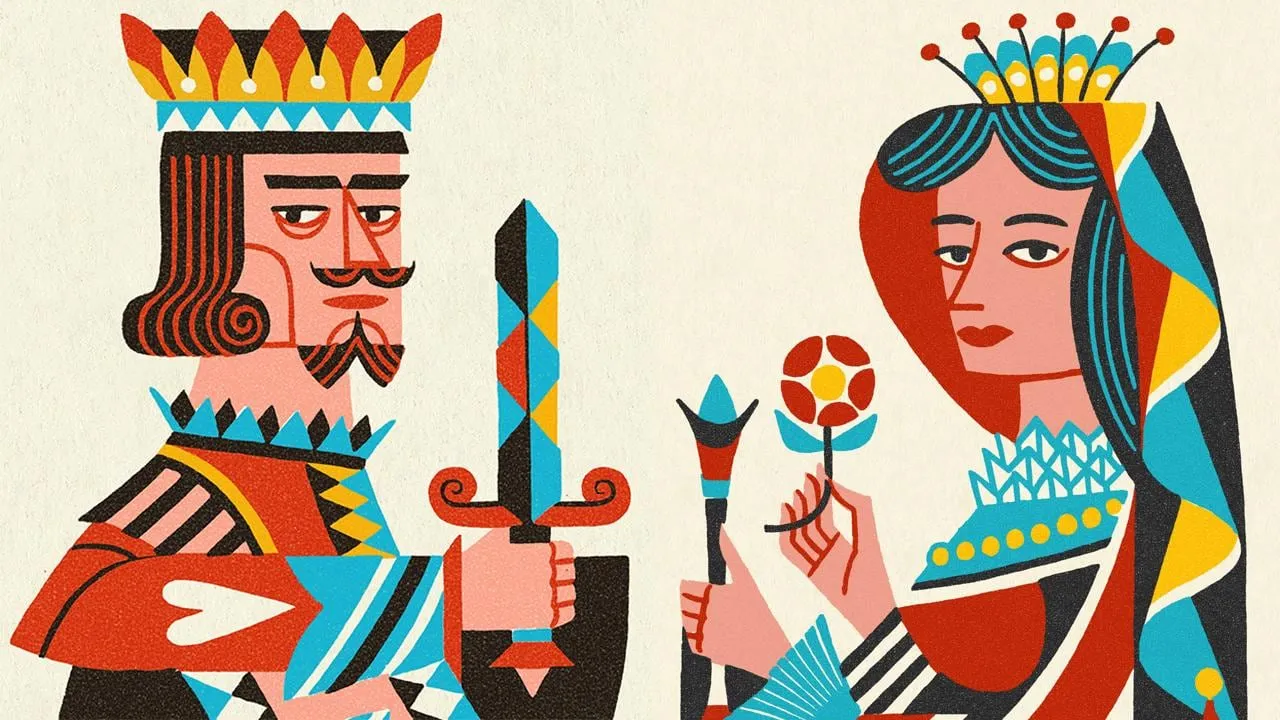 Illustration of a king and queen from a deck of cards. 