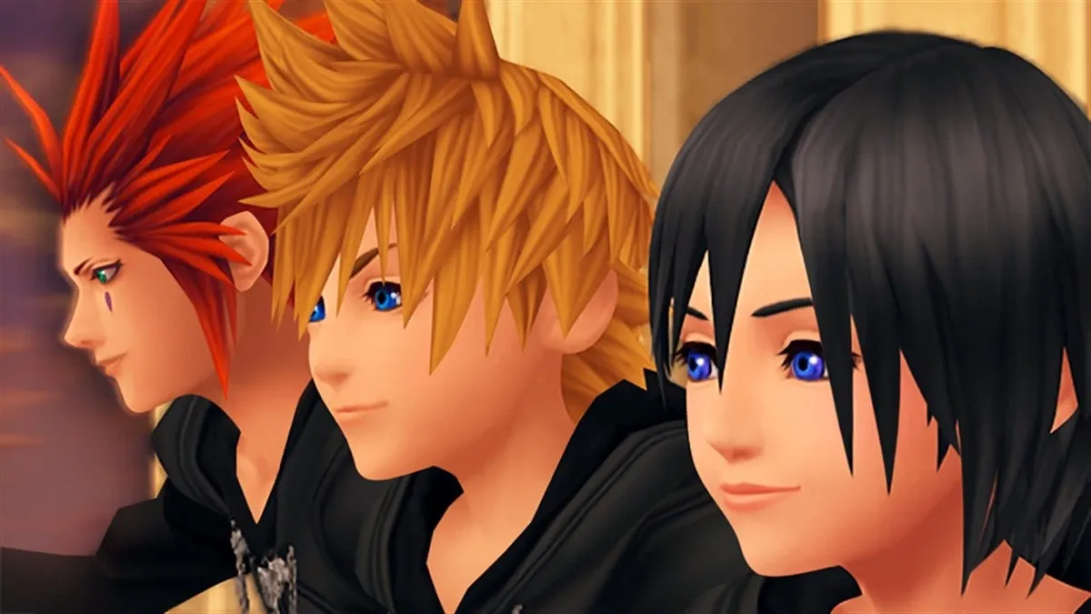 Two teen boys and a girl sit on a clocktower watching the sunset in &ldquo;Kingdom Hearts 358/2 Days&rdquo;