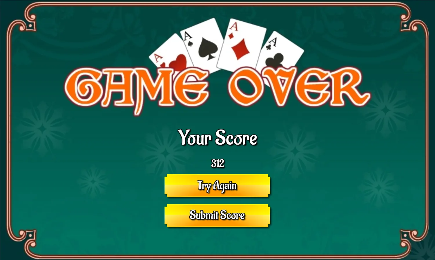 Hearts Card Game Over Screen Screenshot.