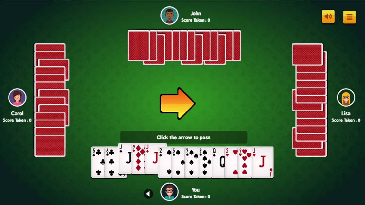 Hearts Card Game Pass Right Screenshot.