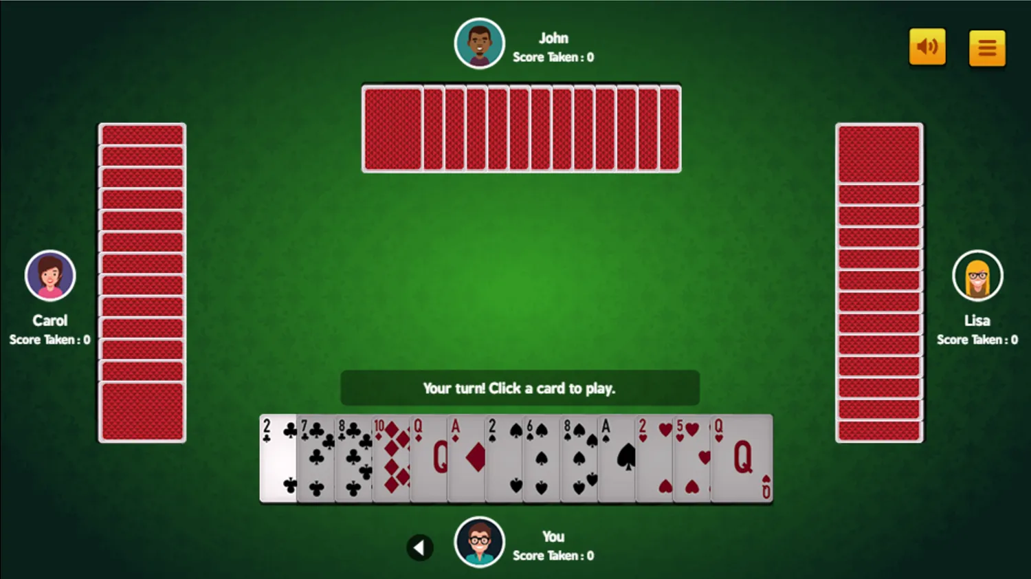 Hearts Card Game No Pass Screenshot.